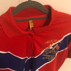 A red shirt with detailing.